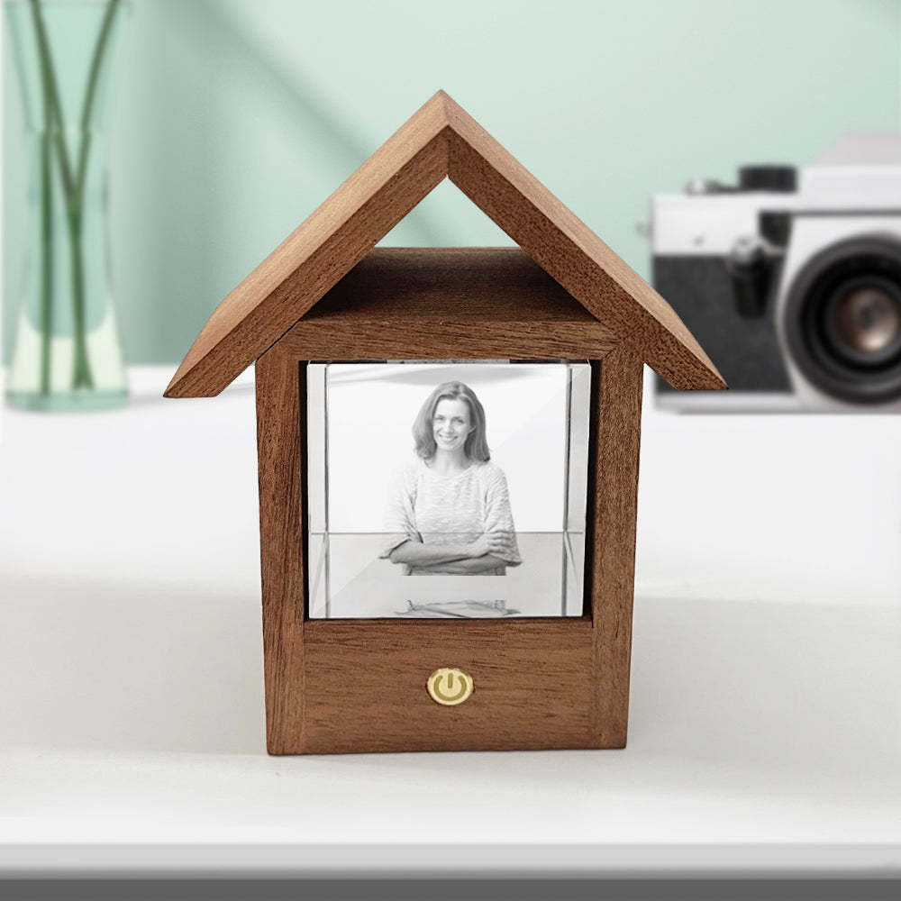 Custom 3D Crystal Photo Wooden House Night Light Home Decorative Lamp Gift - soufeelus