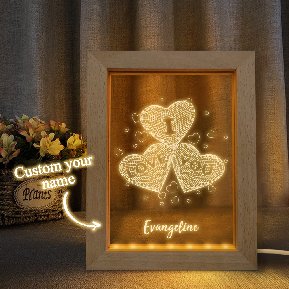 Custom Wooden Frame Light Personalized 3D Three Hearts Night Light Gift for Lovers - soufeelus