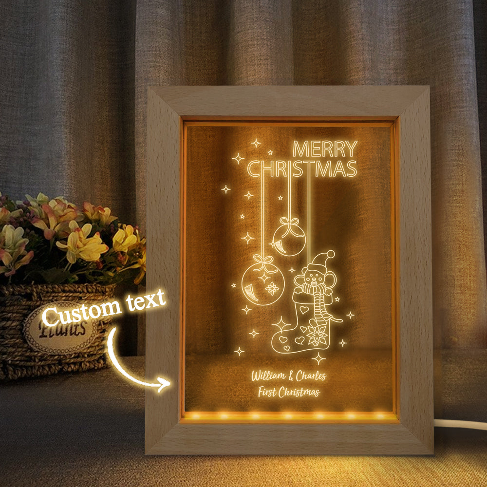 Custom Christmas Night Light Personalized 3D Christmas Socks Wooden Frame Lamp Gift - soufeelus