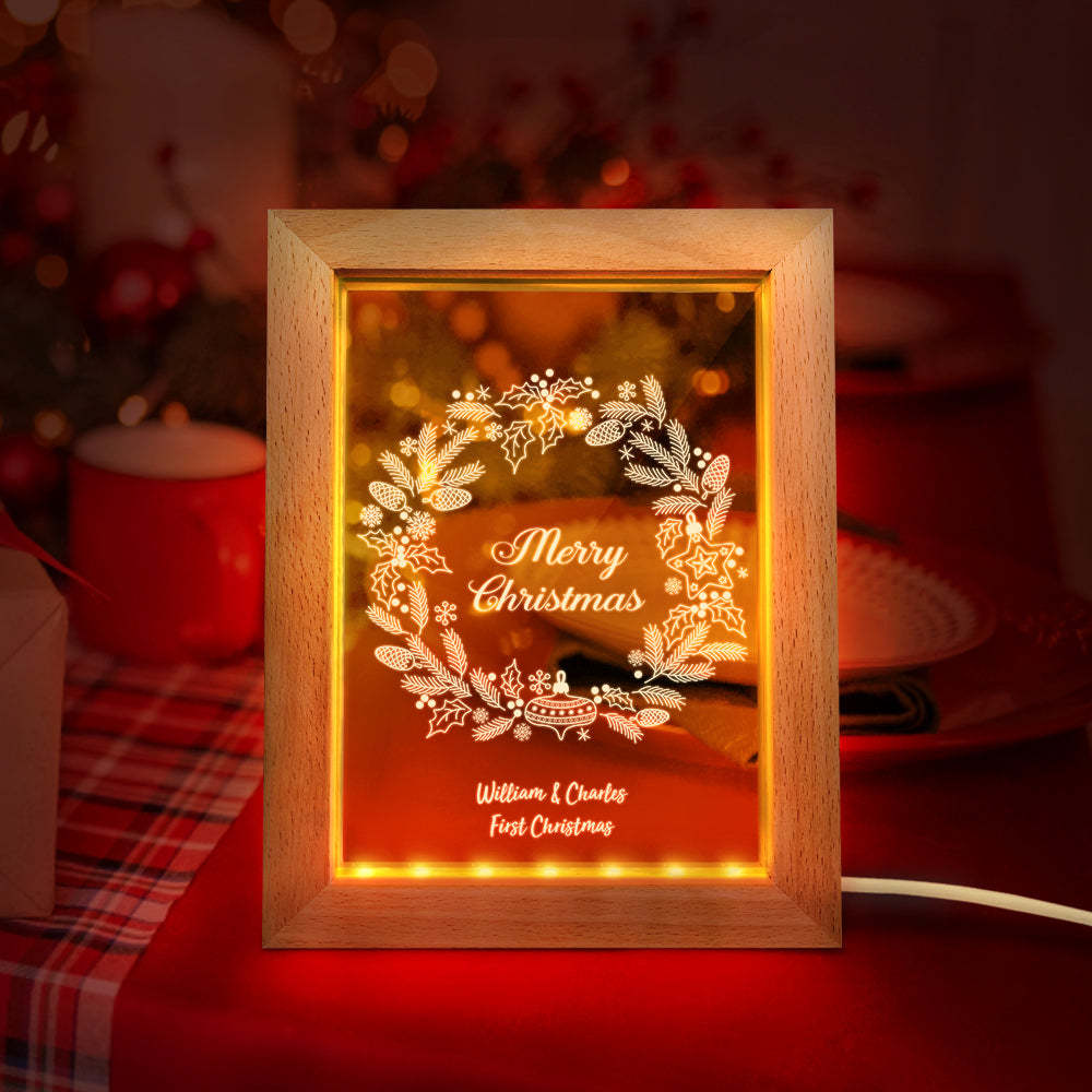 Custom Christmas Night Light Personalized 3D Christmas Wreath Wooden Frame Lamp Gift - soufeelus