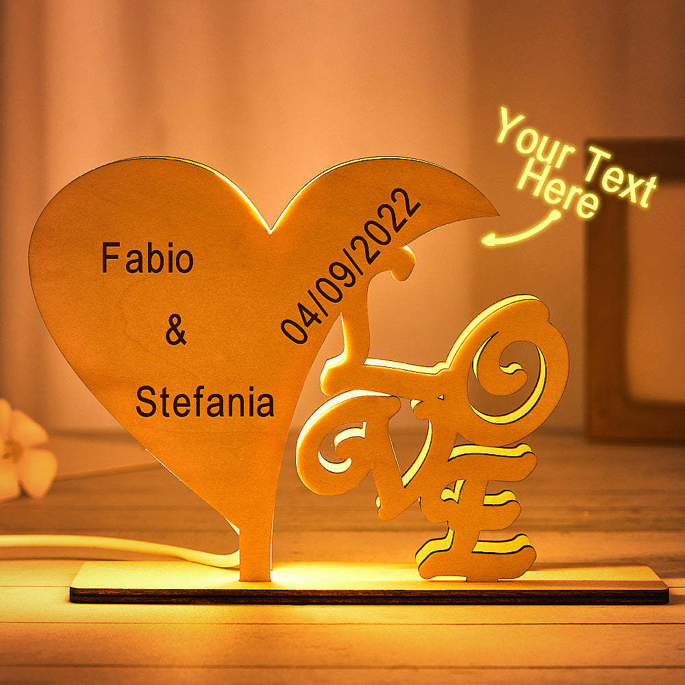 Custom Engraved Night Light Heart-shaped Love Wooden Night Light Anniversary Gift - soufeelus