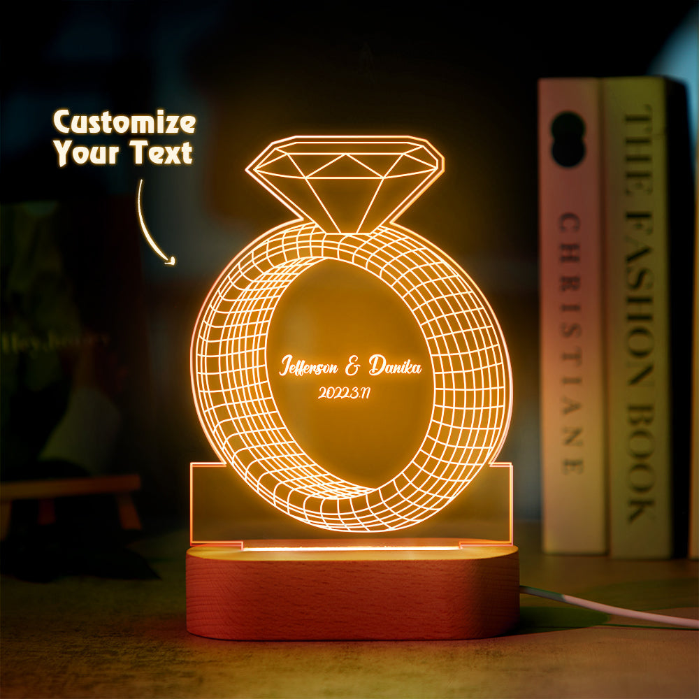 Personalized Text Diamond Ring Colorful Lamp Custom Acrylic 3D Printed Night Light Proposal Anniversary Day Gift - soufeelus