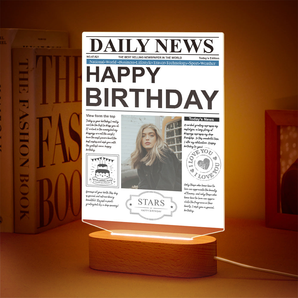 Custom Photo News Acrylic Plaque Colorful Lamp Personalized Night Light Birthday Gifts Memories Gift - soufeelus