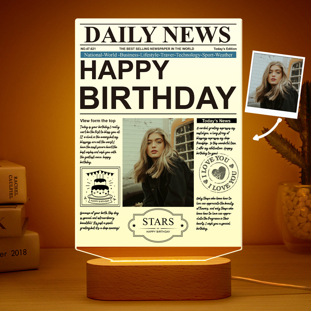 Custom Photo News Acrylic Plaque Colorful Lamp Personalized Night Light Birthday Gifts Memories Gift - soufeelus