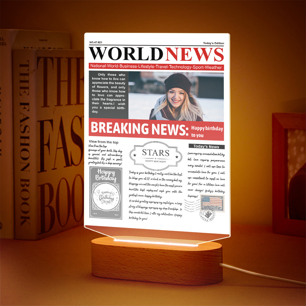Custom Photo News Acrylic Sign Colorful Lamp Personalized 3D Printed Night Light Birthday Gifts - soufeelus