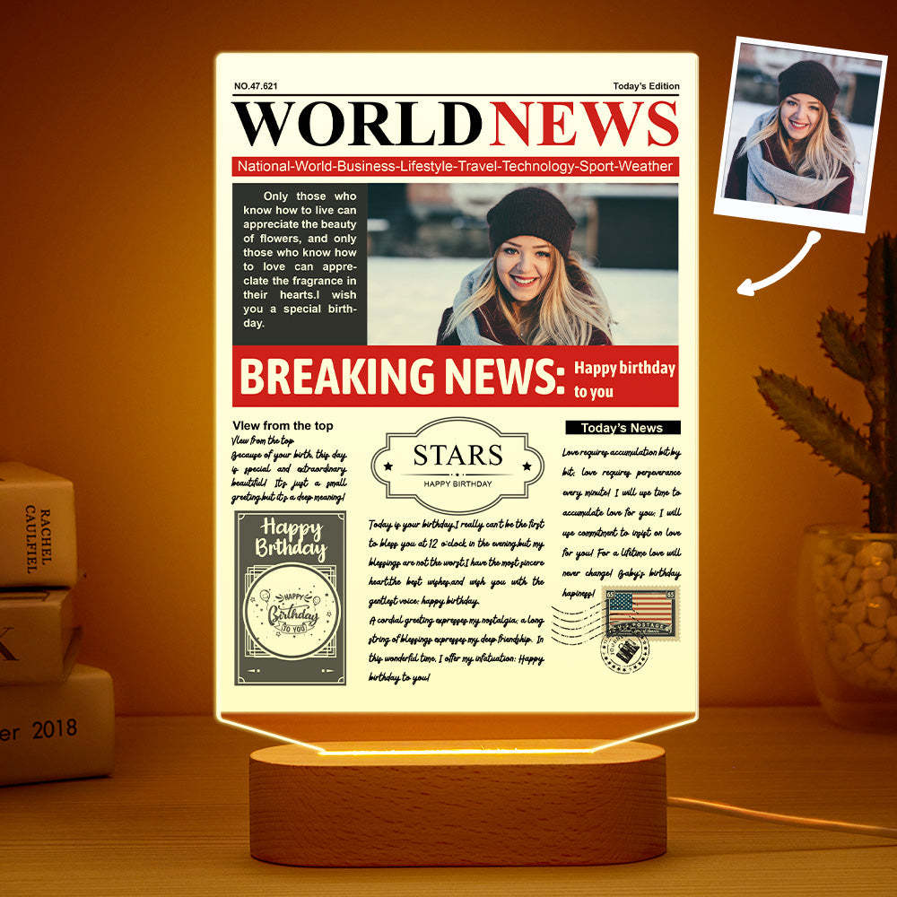 Custom Photo News Acrylic Sign Colorful Lamp Personalized 3D Printed Night Light Birthday Gifts - soufeelus