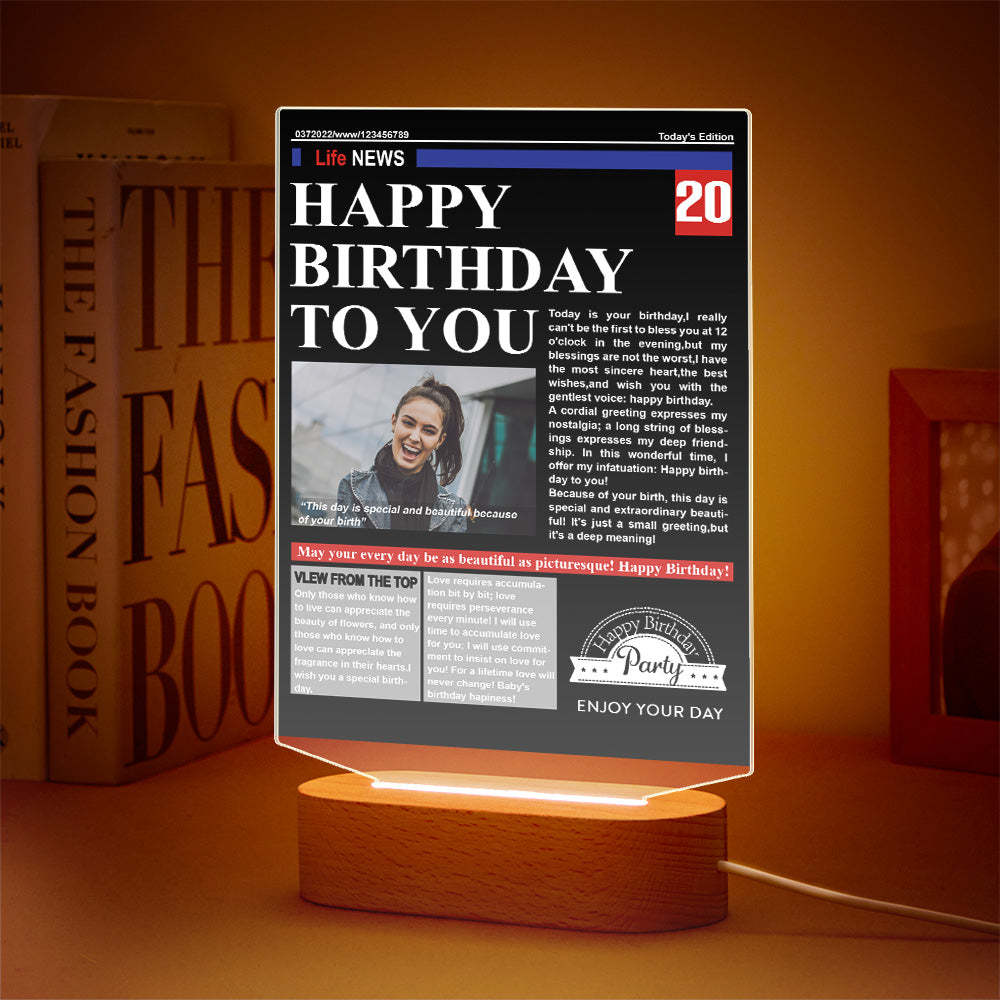 Custom Photo News On Acrylic Board Colorful Lamp Personalized Night Light Birthday Gifts - soufeelus