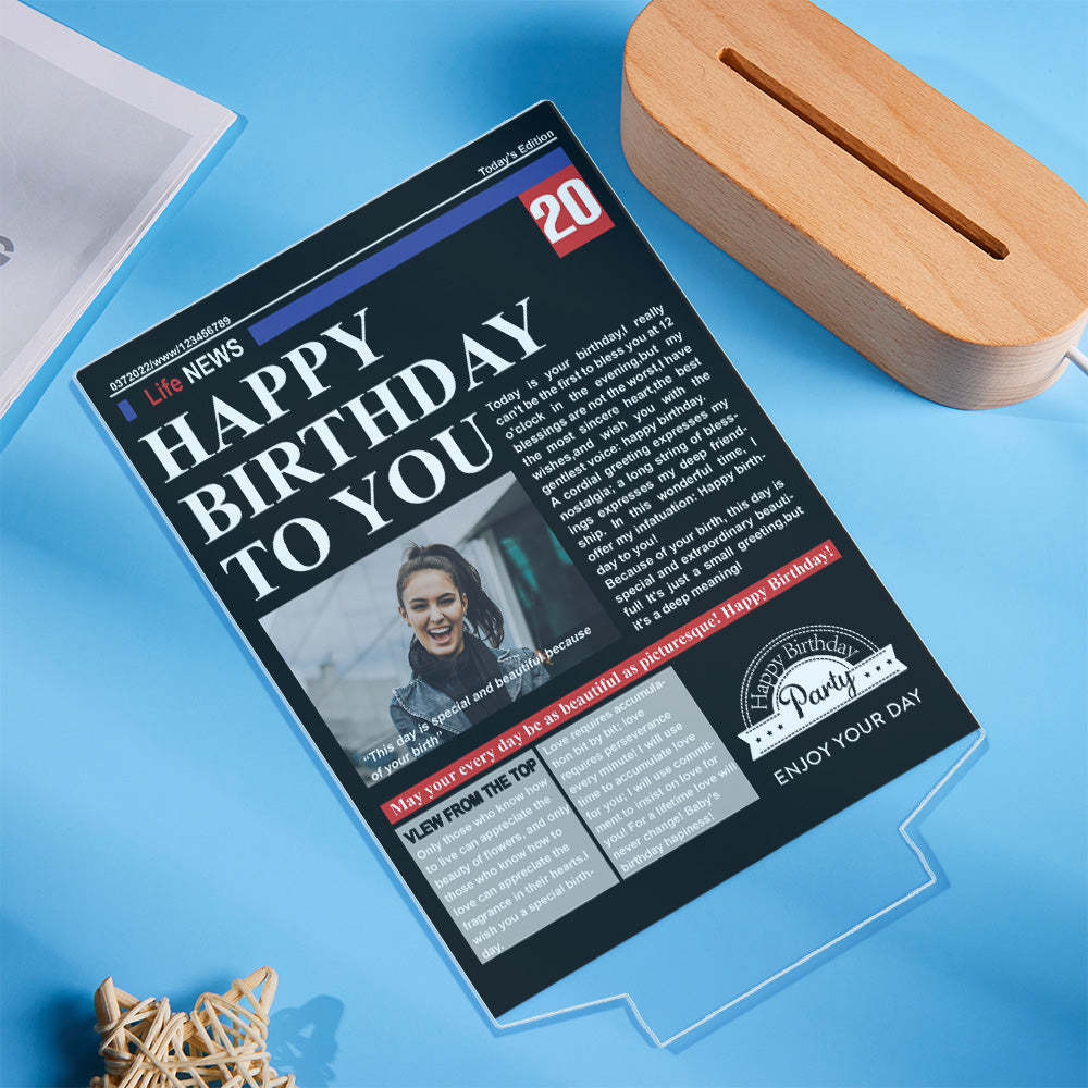 Custom Photo News On Acrylic Board Colorful Lamp Personalized Night Light Birthday Gifts - soufeelus
