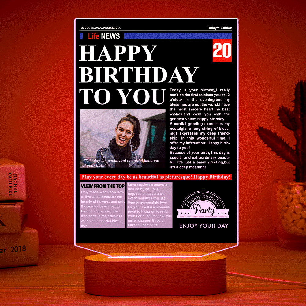 Custom Photo News On Acrylic Board Colorful Lamp Personalized Night Light Birthday Gifts - soufeelus