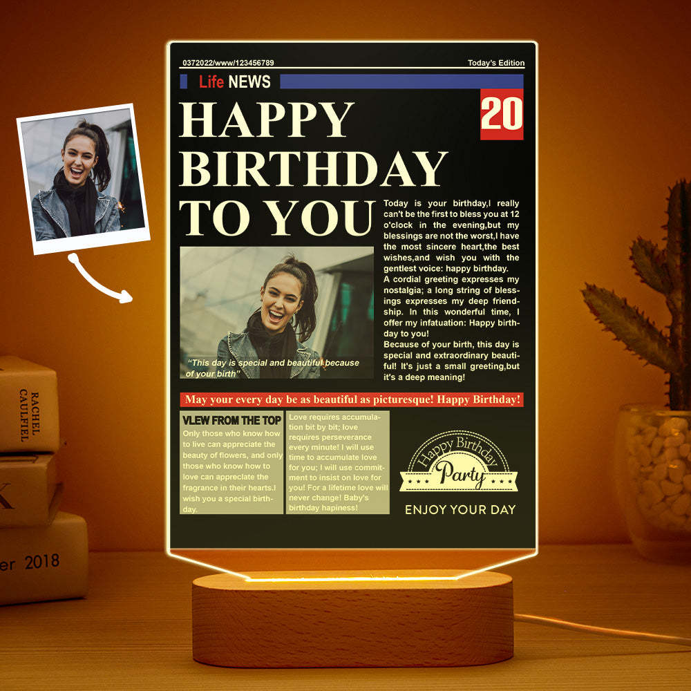 Custom Photo News On Acrylic Board Colorful Lamp Personalized Night Light Birthday Gifts - soufeelus