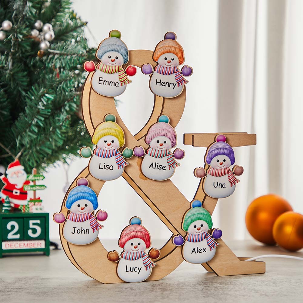 Personalized Snowman Family Name Lamp Custom Wooden Night Light Christmas Day Gift - soufeelus