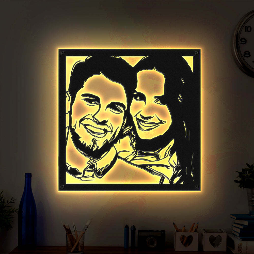 Custom Portrait Metal Wall Art Personalized Couple Photo LED Lights Decor Gift for Lover - soufeelus