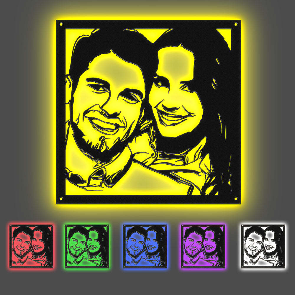 Custom Portrait Metal Wall Art Personalized Couple Photo LED Lights Decor Gift for Lover - soufeelus