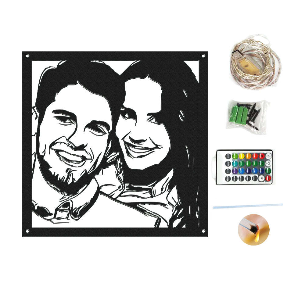 Custom Portrait Metal Wall Art Personalized Couple Photo LED Lights Decor Gift for Lover - soufeelus