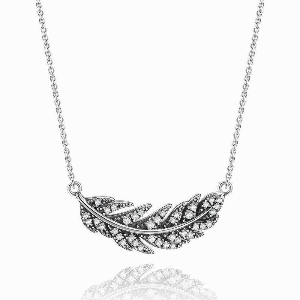 Silver Feather Necklace with CZ - soufeelus