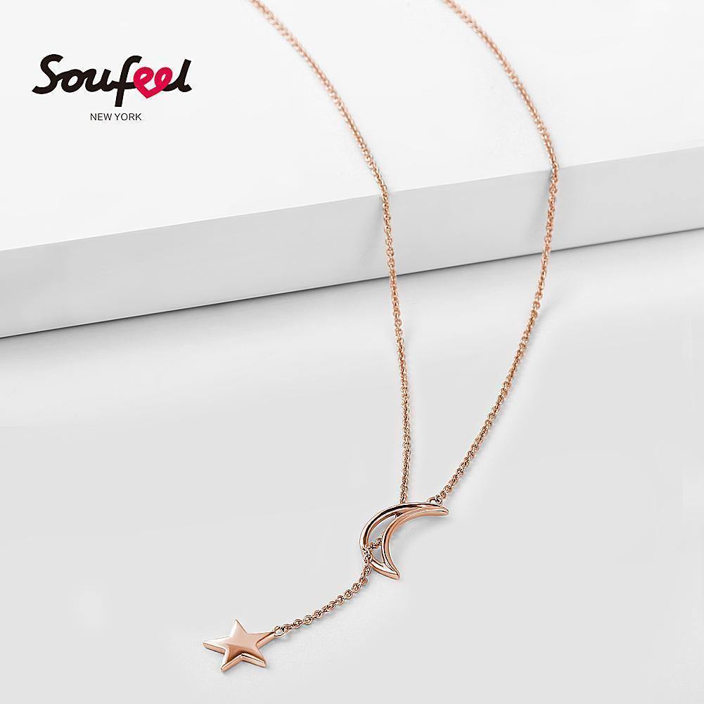 Crescent Moon and Star Necklace Rose Gold Plated Silver - soufeelus