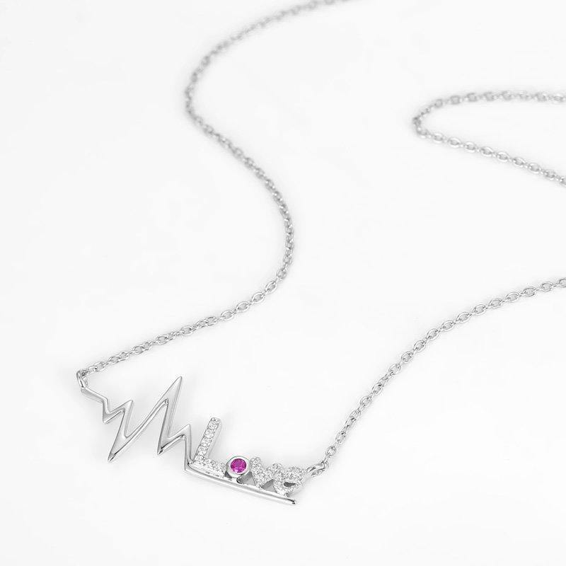 Silver Heartbeat Necklace with Pink CZ - soufeelus