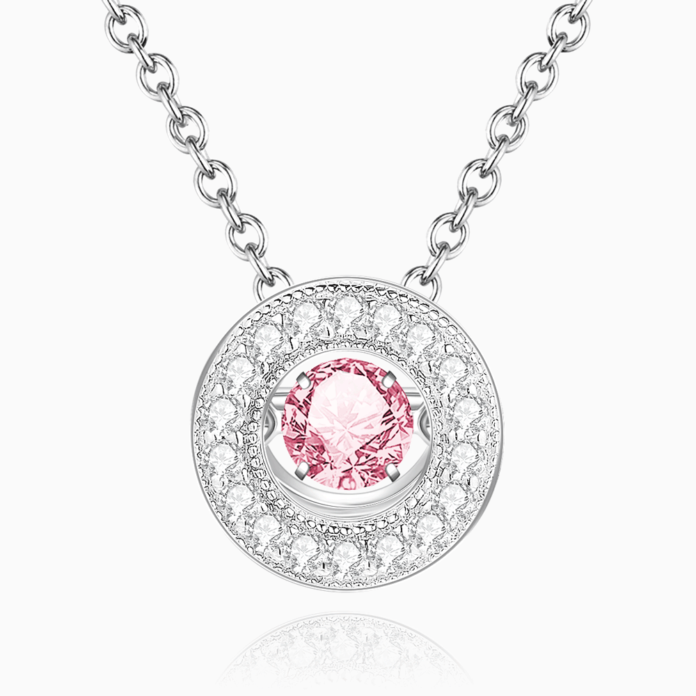 Sparkling Light Rose Round Dancing Stone Necklace Platinum Plated Silver - soufeelus