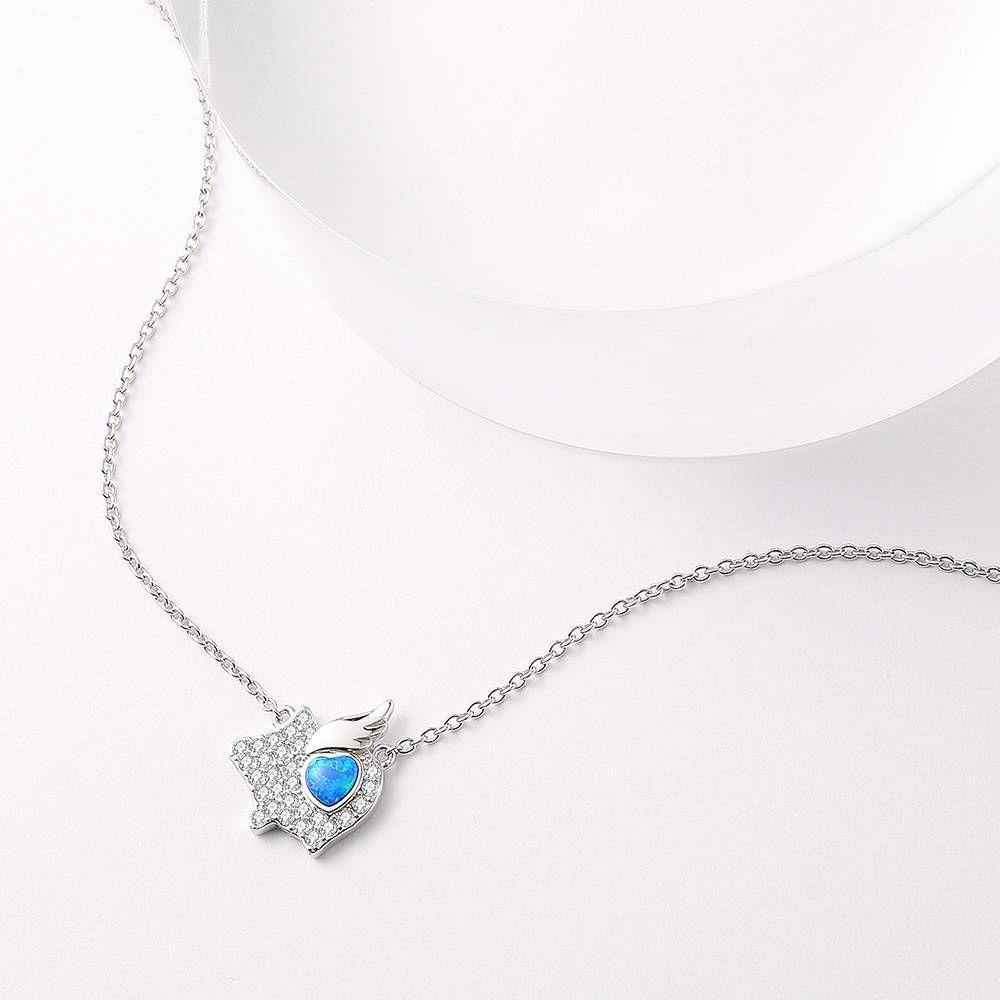 Opal Flying Pig Pendant Necklace Silver - soufeelus