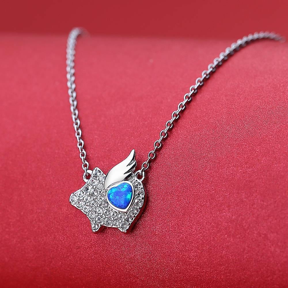 Opal Flying Pig Pendant Necklace Silver - soufeelus