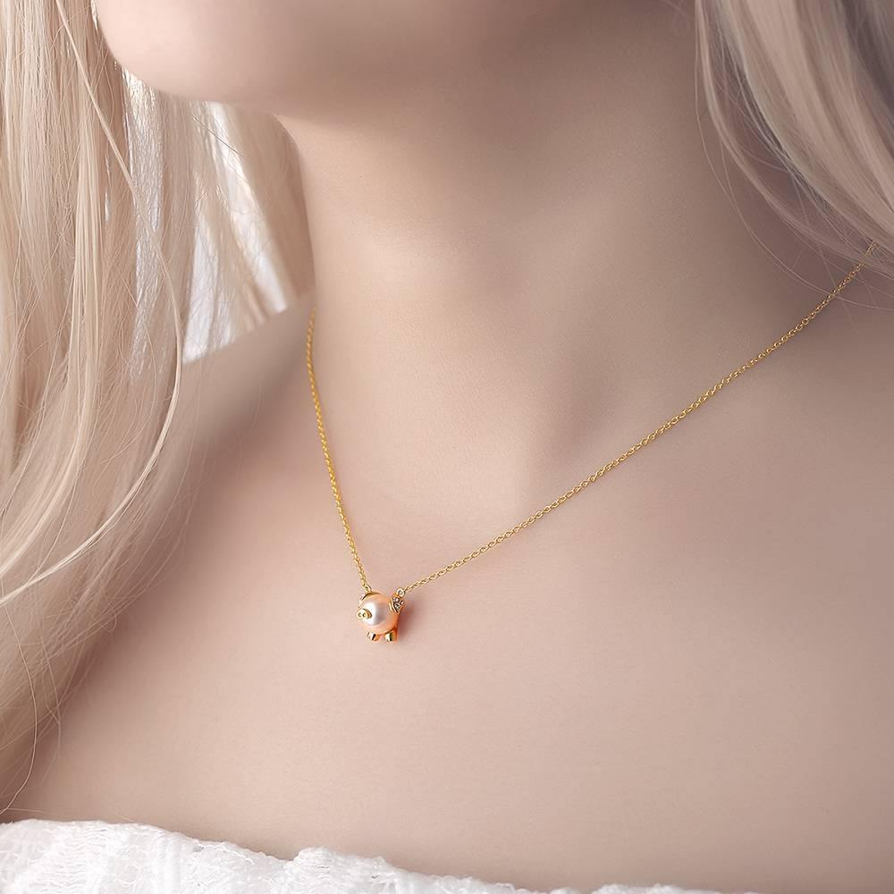 Pearl Pig Pendant Necklace 14K Gold Plated Silver - soufeelus