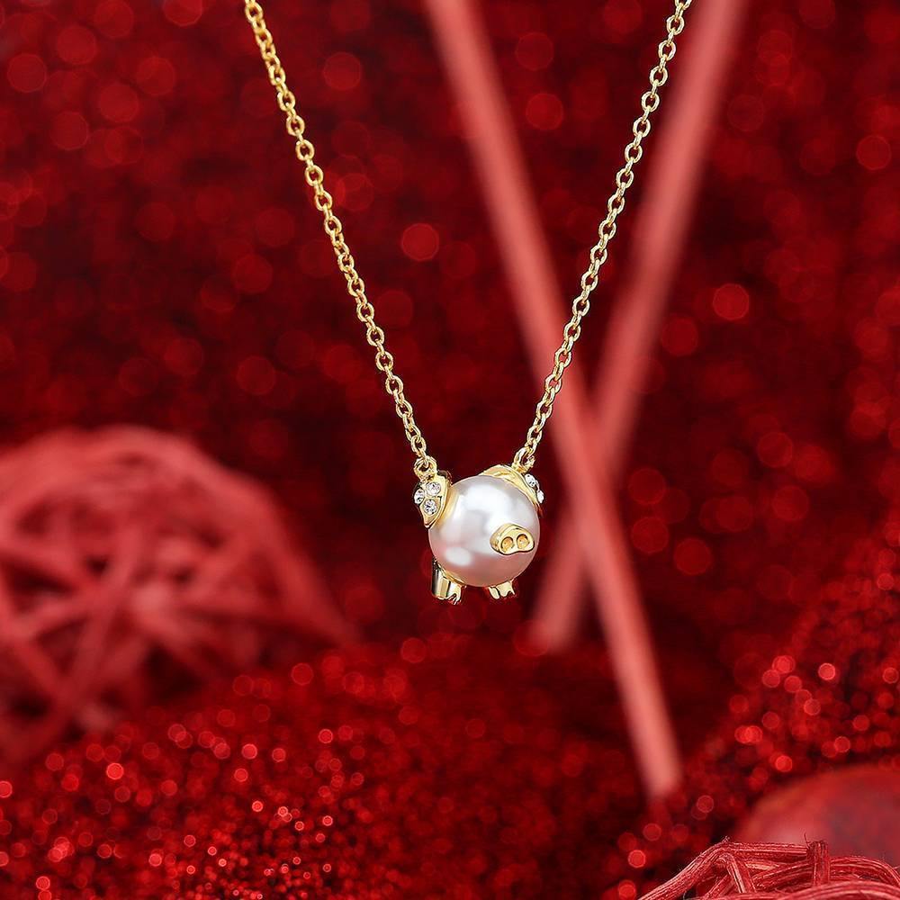 Pearl Pig Pendant Necklace 14K Gold Plated Silver - soufeelus