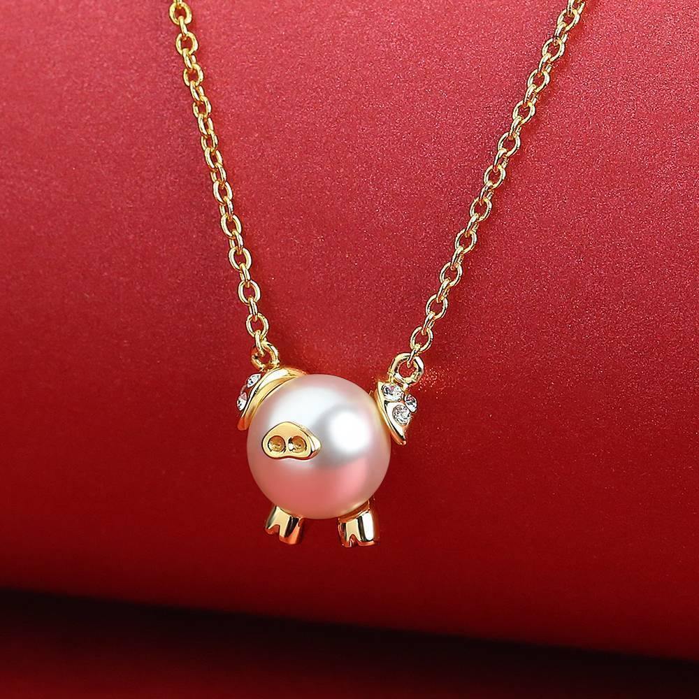 Pearl Pig Pendant Necklace 14K Gold Plated Silver - soufeelus