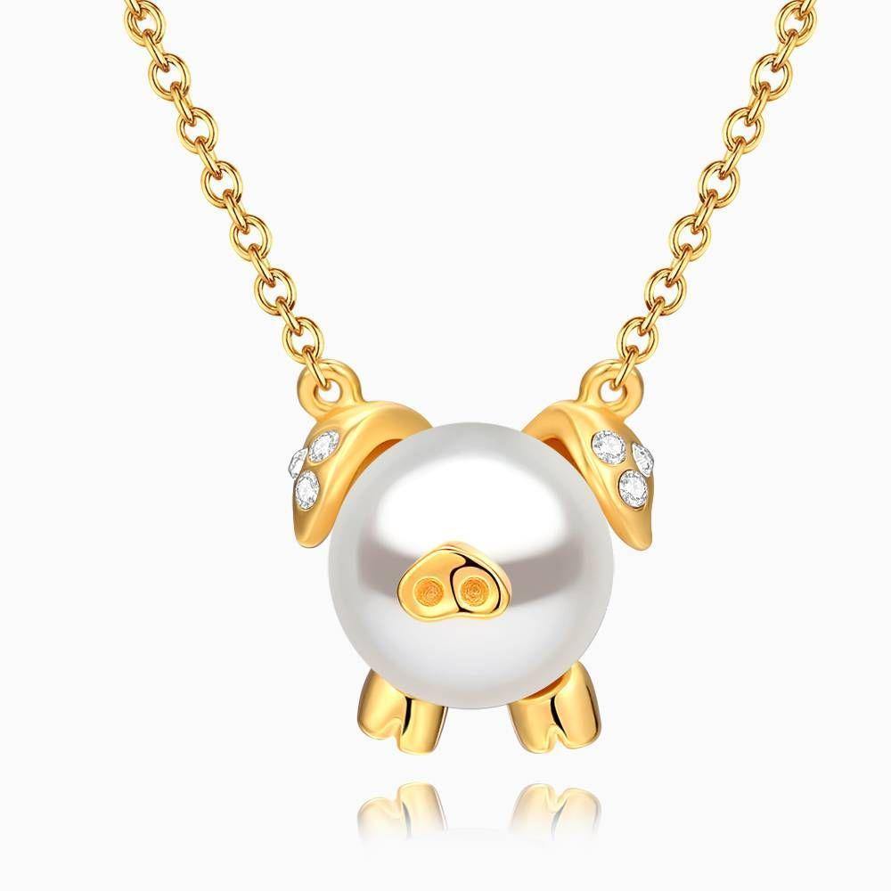 Pearl Pig Pendant Necklace 14K Gold Plated Silver - soufeelus