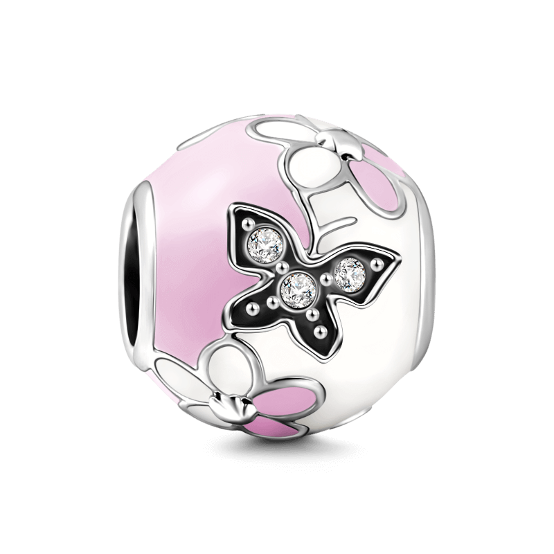 Pink Butterfly and Flowers Silver Charm with Soufeel Crystal - soufeelus