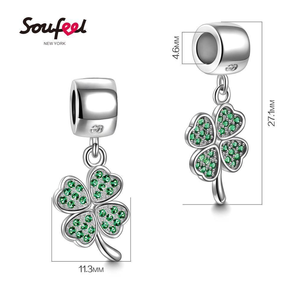 Green Four Leaf Clover Dangle Charm Silver - soufeelus