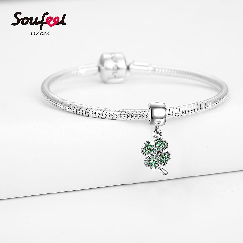 Green Four Leaf Clover Dangle Charm Silver - soufeelus