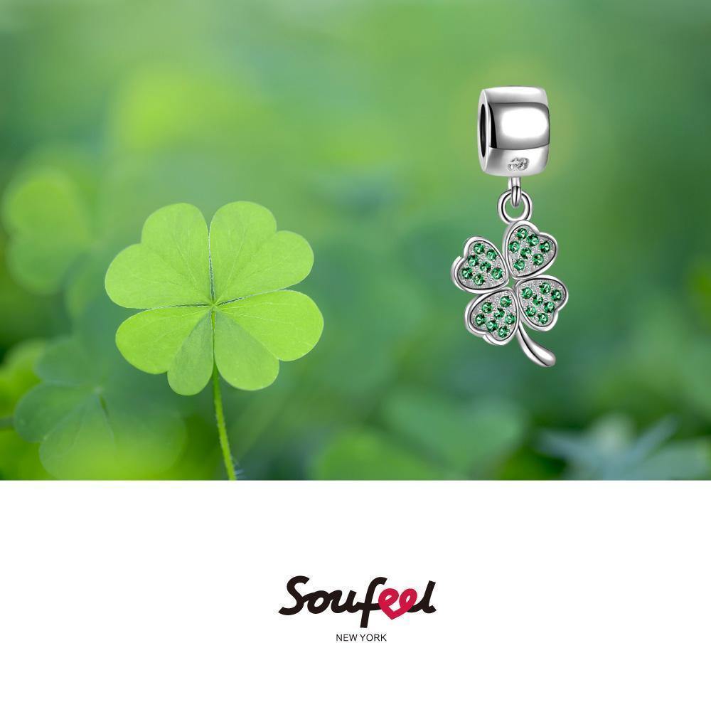 Green Four Leaf Clover Dangle Charm Silver - soufeelus