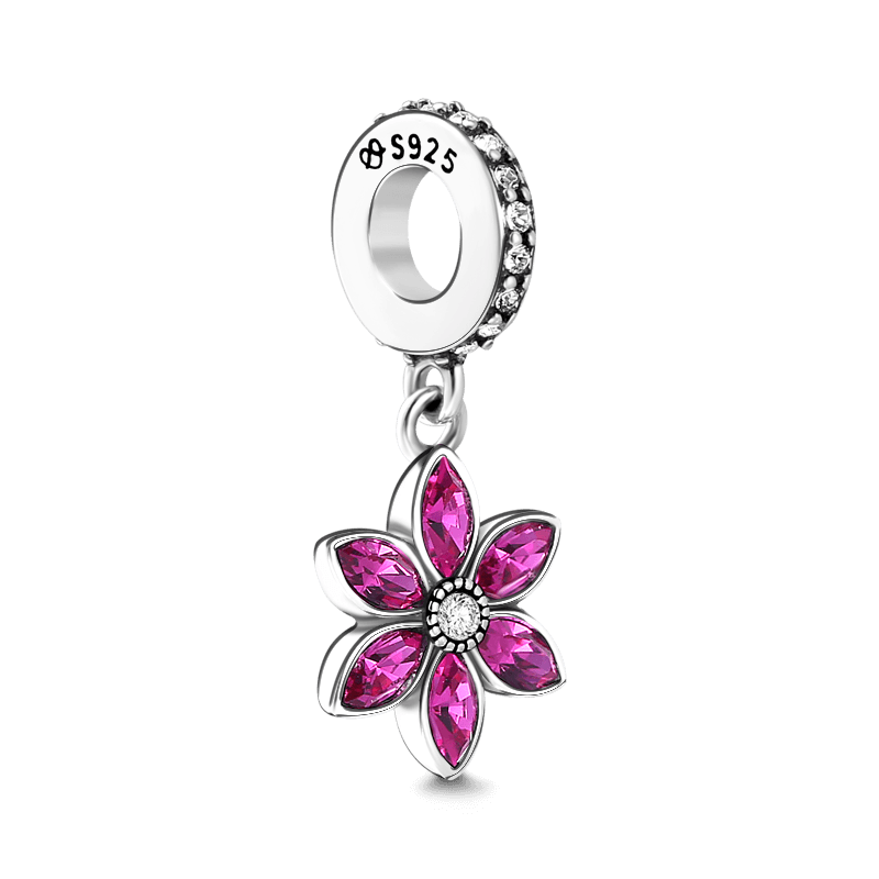 Rose Pink Flower Dangle Charm Silver - soufeelus