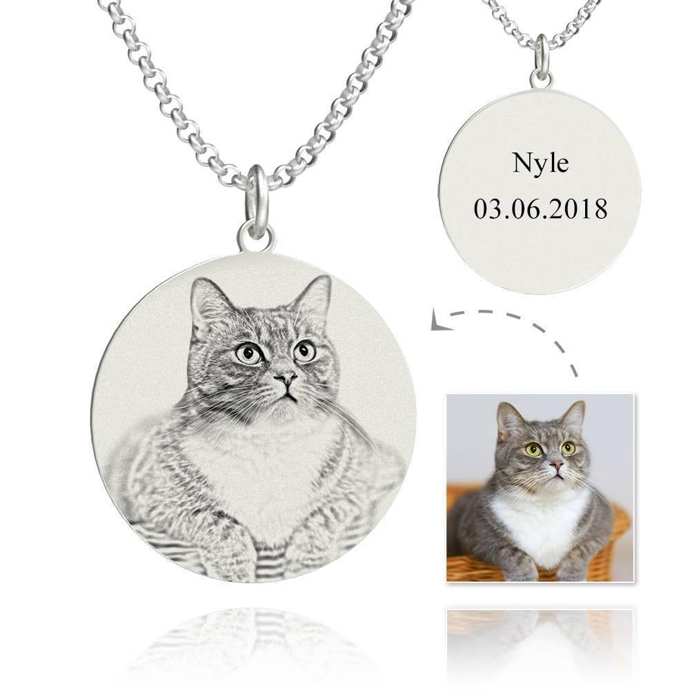 Women's Round Photo Engraved Tag Necklace with Engraving Silver - soufeelus