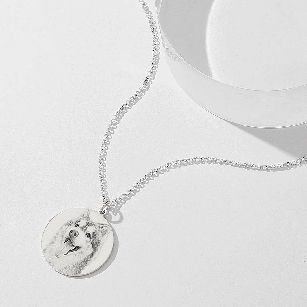 Women's Round Photo Engraved Tag Necklace with Engraving Silver - soufeelus