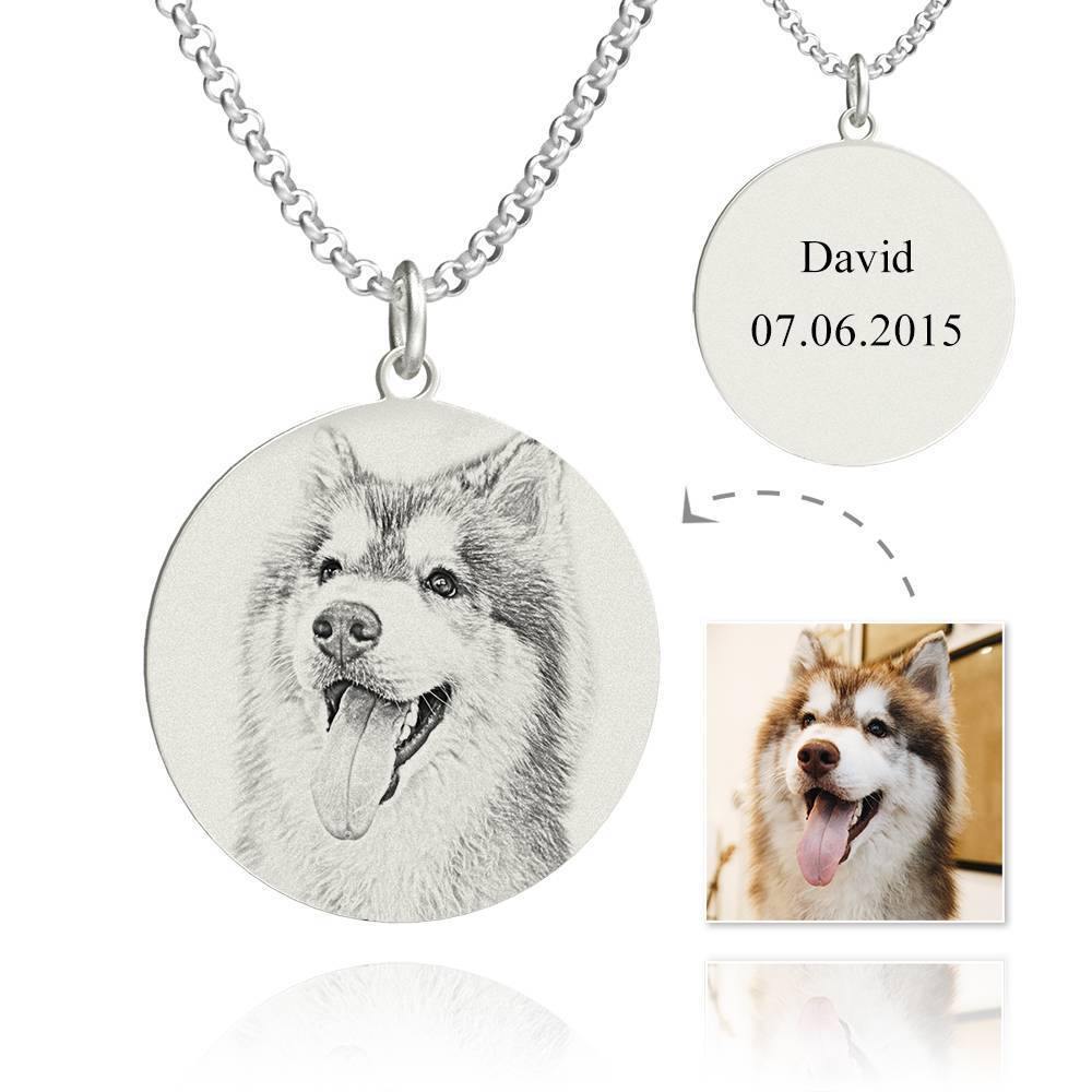 Women's Round Photo Engraved Tag Necklace with Engraving Silver - soufeelus