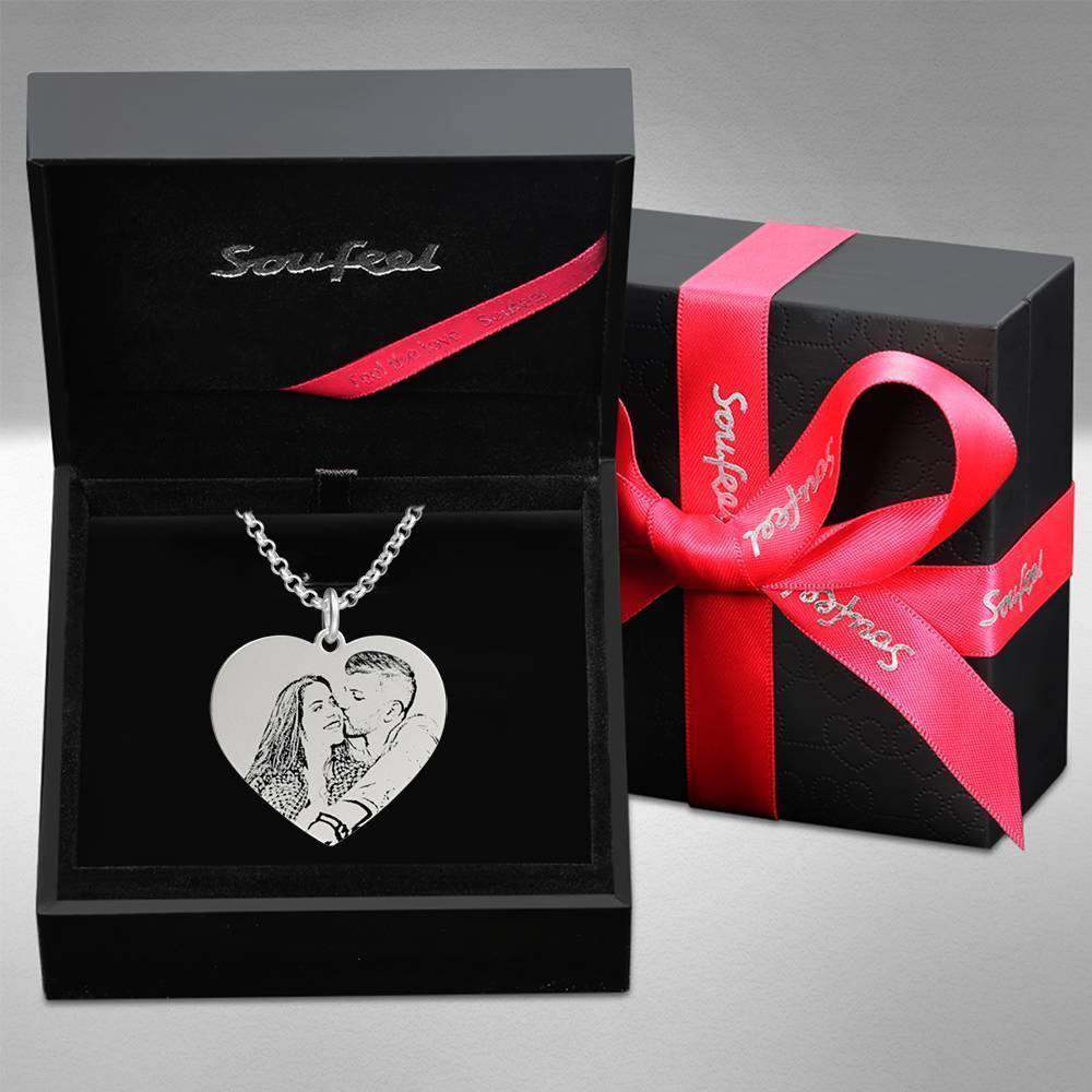 Women's Heart Photo Engraved Tag Necklace Silver - soufeelus