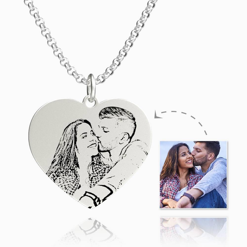 Women's Heart Photo Engraved Tag Necklace Silver - soufeelus