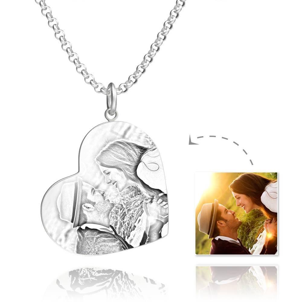 Women's Vertical Heart Photo Engraved Tag Necklace Silver - soufeelus