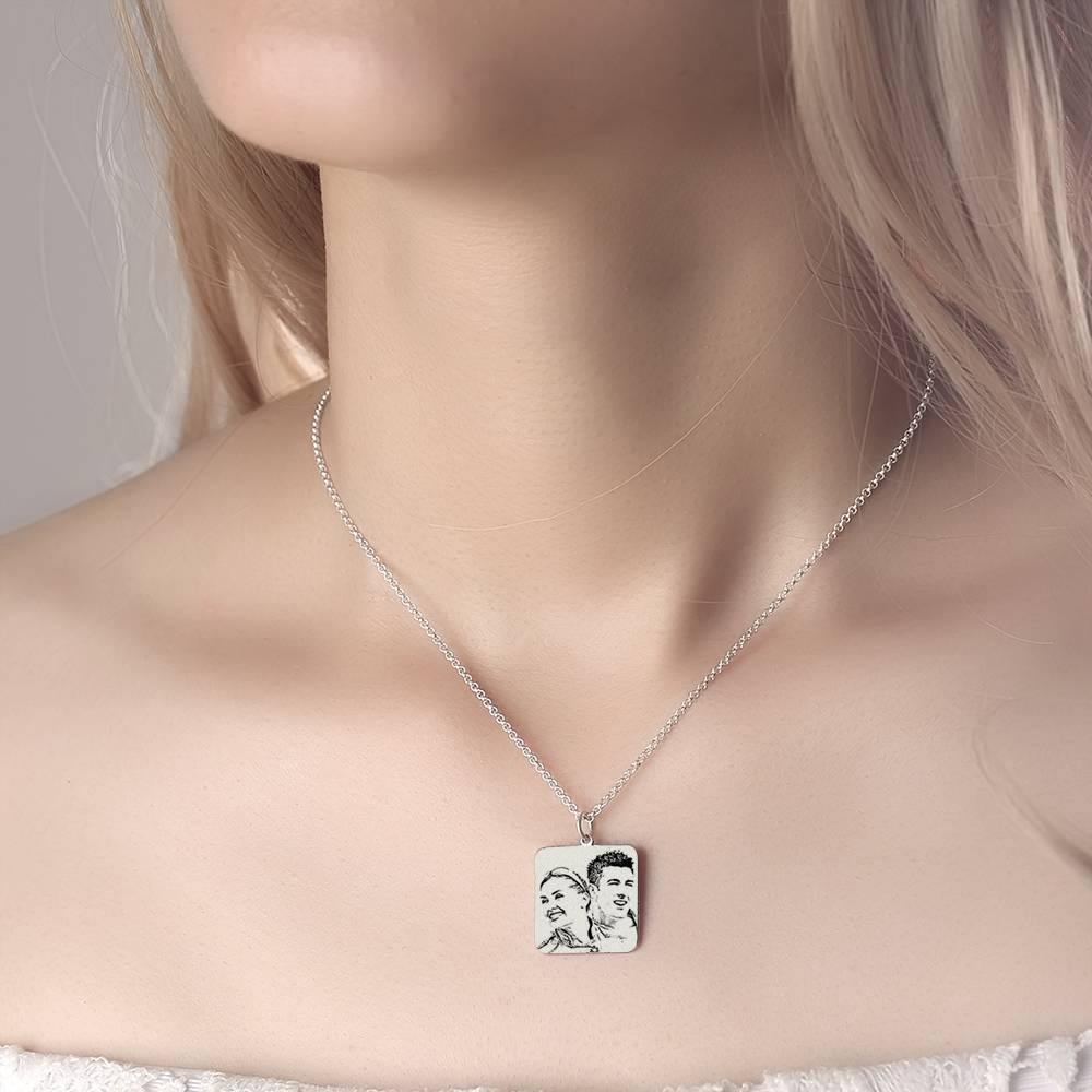 Women's Square Photo Engraved Tag Necklace with Engraving Silver - soufeelus