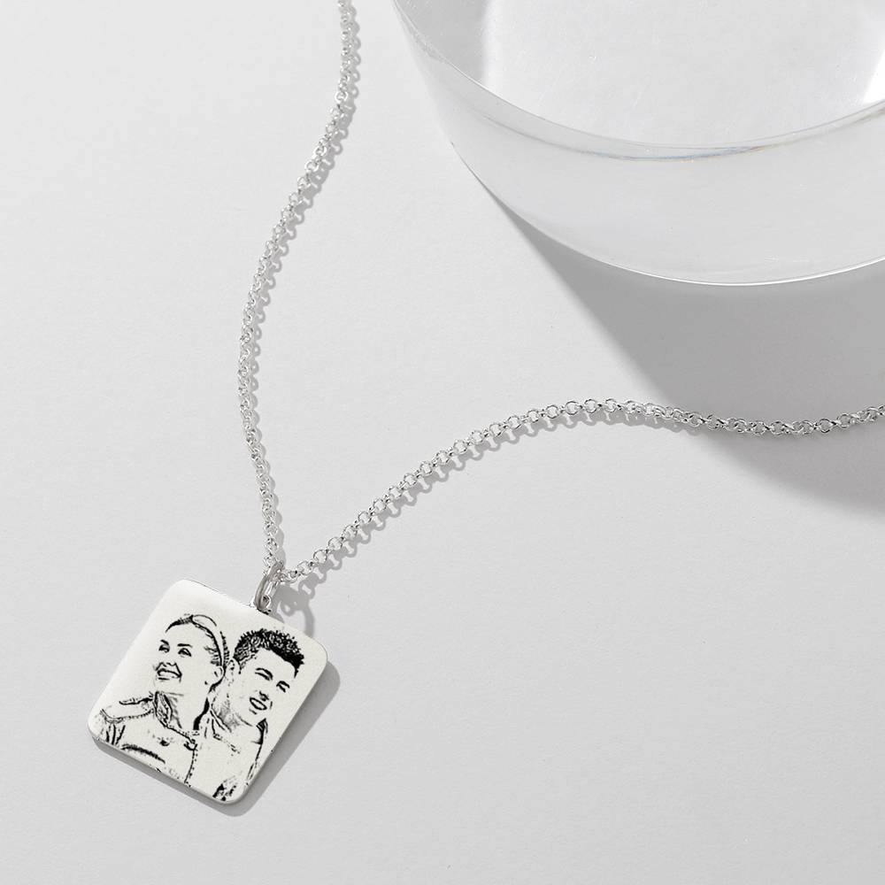 Women's Square Photo Engraved Tag Necklace with Engraving Silver - soufeelus