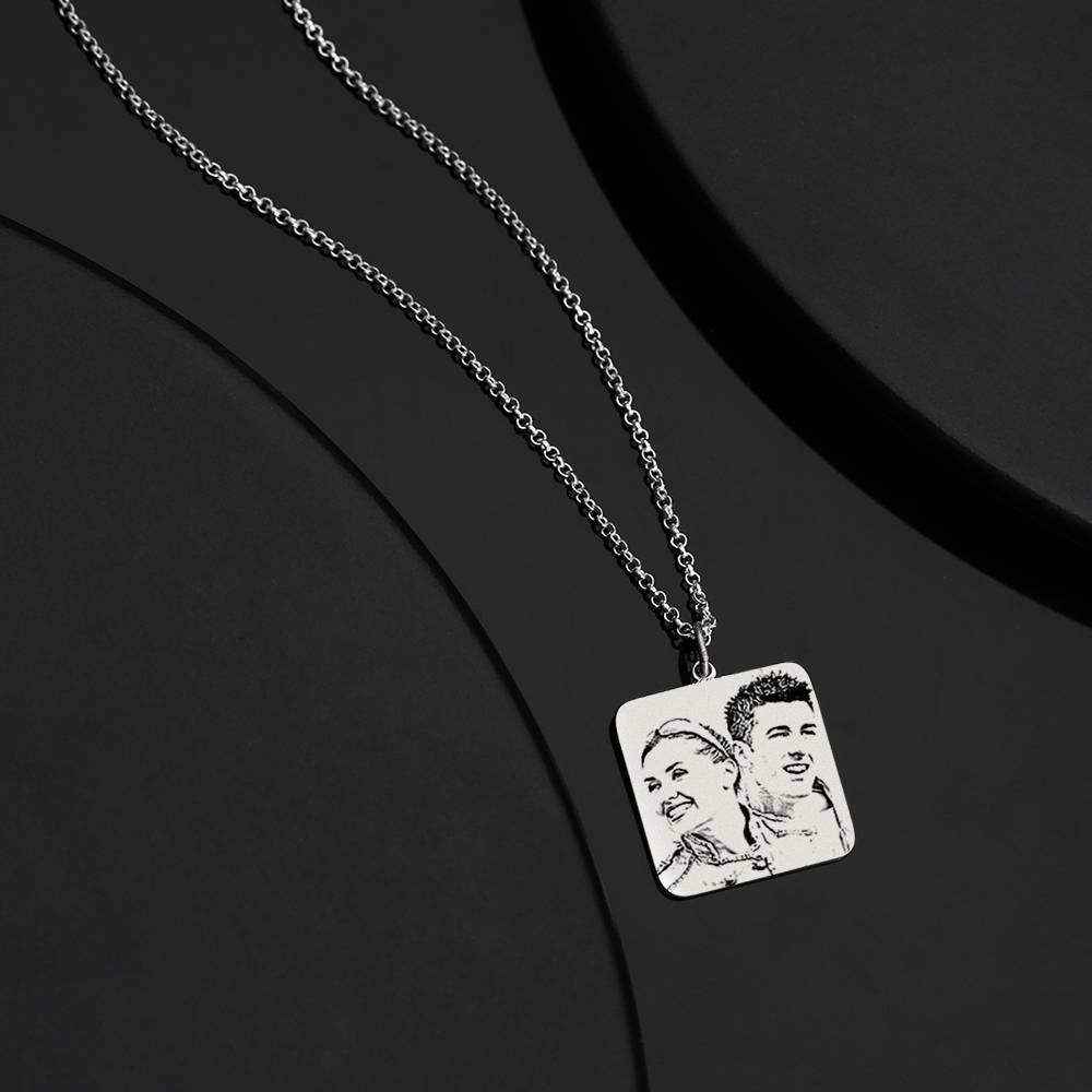 Women's Square Photo Engraved Tag Necklace with Engraving Silver - soufeelus