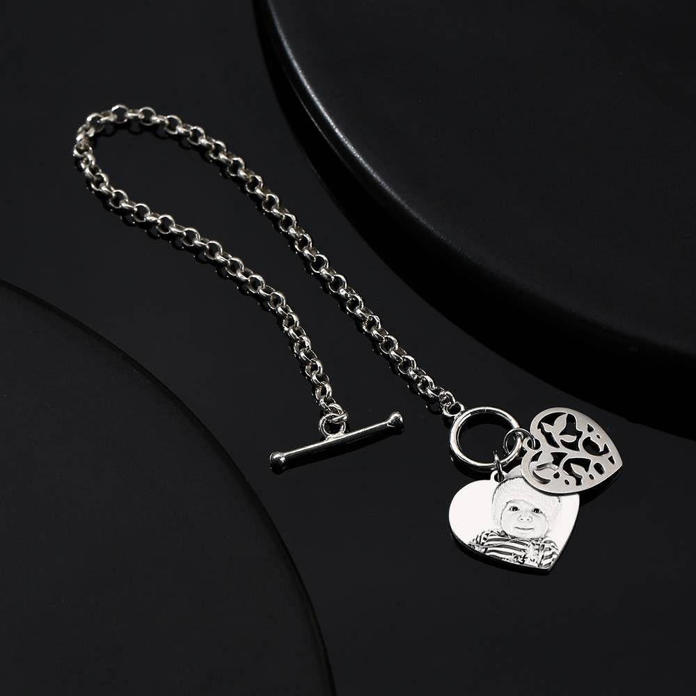 Women's Photo Engraved Heart Tag Bracelet with Engraving Silver - soufeelus
