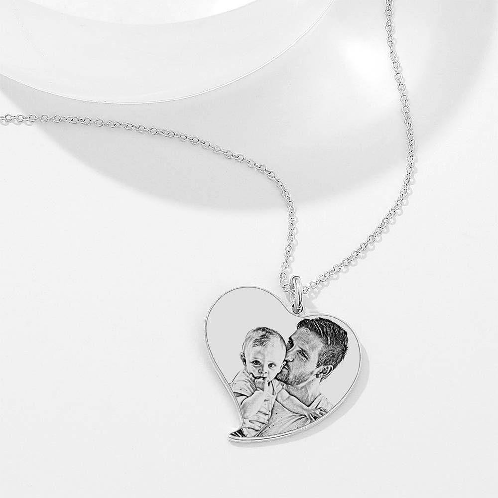 Women's Heart Photo Engraved Tag Necklace with Engraving Silver - soufeelus