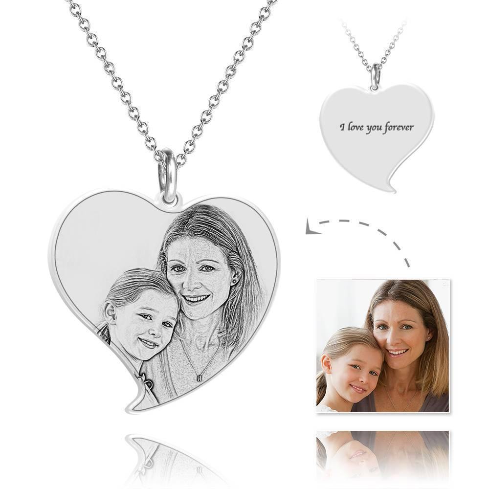 Mothers Day Gift - Heart Photo Engraved Tag Necklace with Engraving Silver - soufeelus