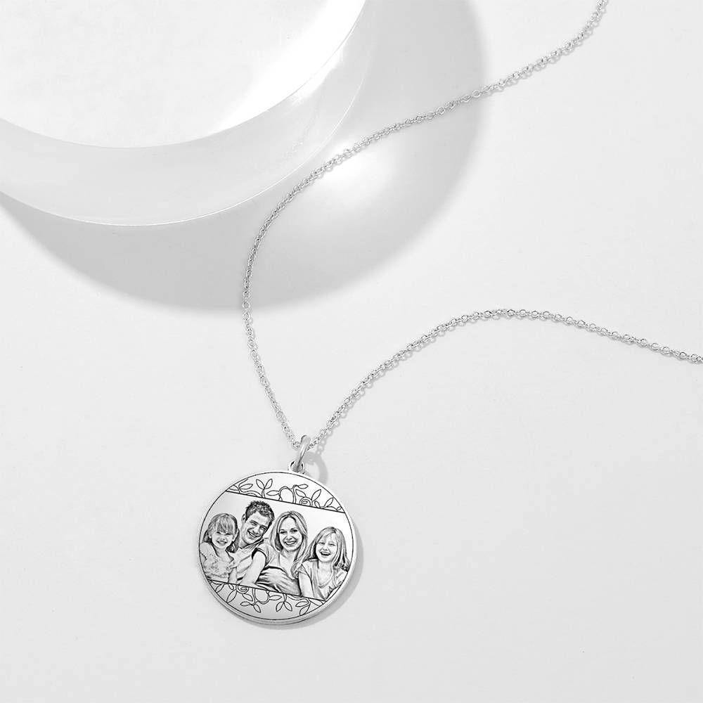 Women's Round Photo Engraved Tag Necklace with Engraving Silver - soufeelus