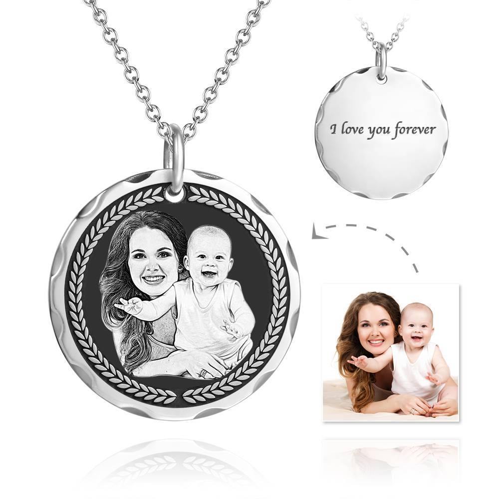 Round Coin Photo Engraved Tag Necklace with Engraving Silver - soufeelus