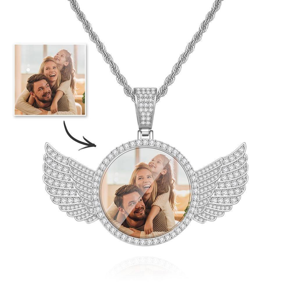 Custom Photo Necklace with Wings Medallions Necklace Iced Out Large Custom Picture Pendant Golden