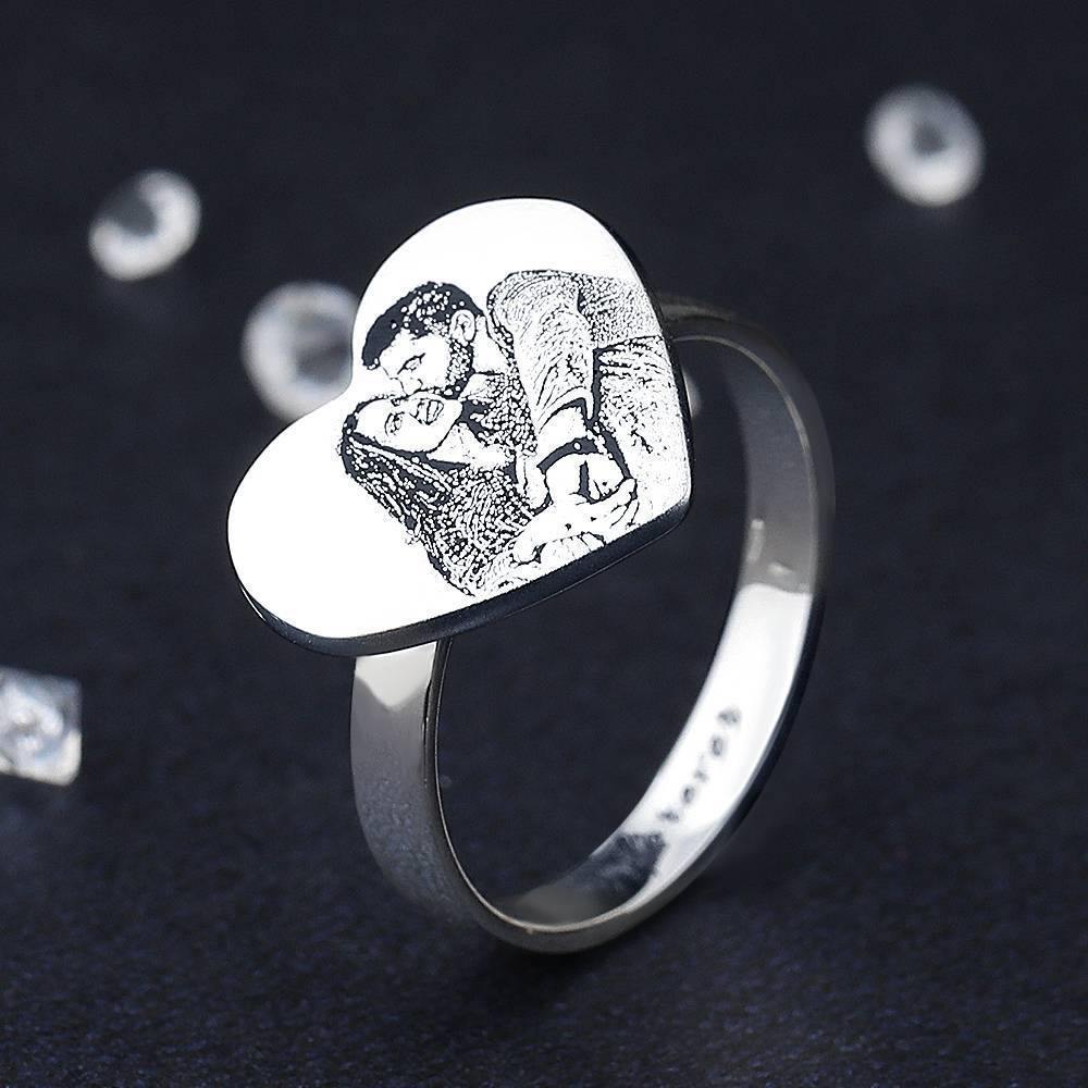 Heart Photo Engraved Ring with Engraving Platinum Plated Silver