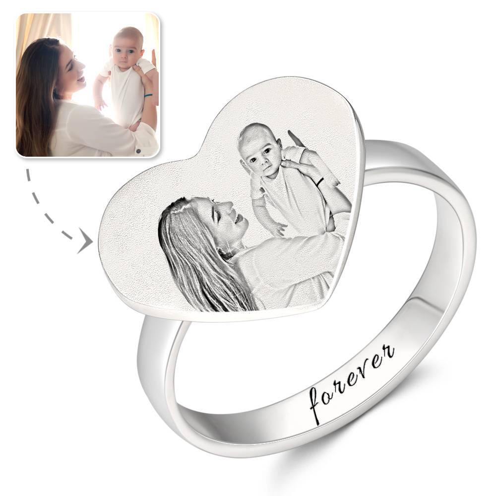 Photo Ring with Engraving Platinum Plated Silver, Best Mom